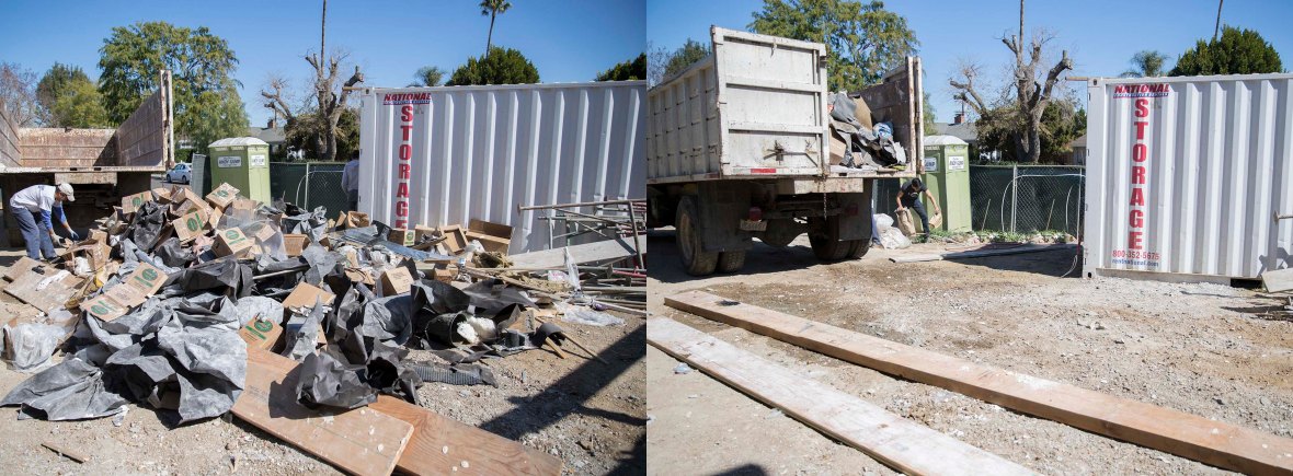 Junk removal at a Los Angeles home. Before and after banner image of garbage being hauled away.